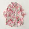 Damen Lapel Kragen Kurzarm Aquarell Rose Blumendruck Dünn Ramie Knopfleiste Bluse