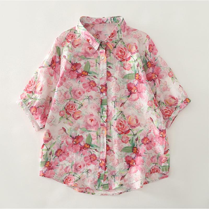 Damen Lapel Kragen Kurzarm Aquarell Rose Blumendruck Dünn Ramie Knopfleiste Bluse