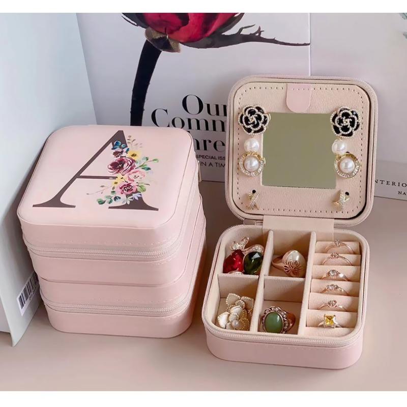 PU Leather Jewelry Box Mirror Storage Box 26 Letter Printed Portable Jewelry Organizer Earring Ring Necklace Case