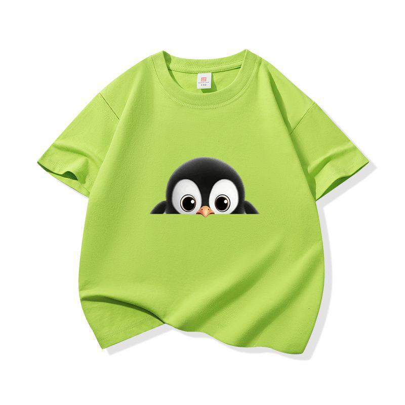 Kids Cotton T Shirt Cute Peeking Penguin Print Crew Neck Short Sleeve Tee Casual Breathable Boys Girls Summer Tops