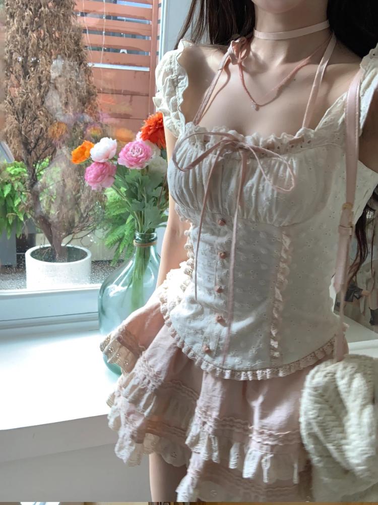 

Японский Каваи Милый Элегантный Новый Комплект из 2 предметов Женский На шнуровке Винтажный Каваи Комплект Женский Y2k Принцесса Мини-юбка Костюм Лето 2025 L бежевый