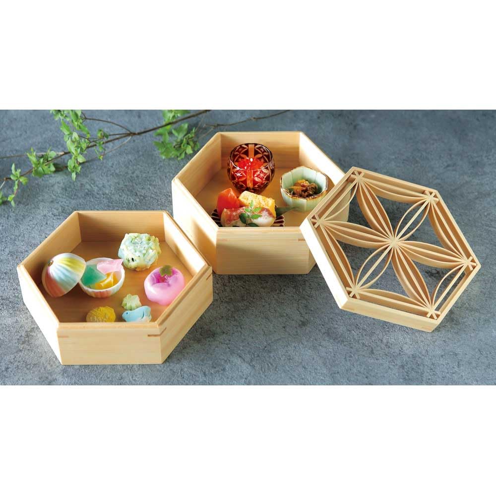 Yamako Hinoki Hexagonal Kumiko Box/Shallow Type, 21.2x18.4xH6cm, 28113