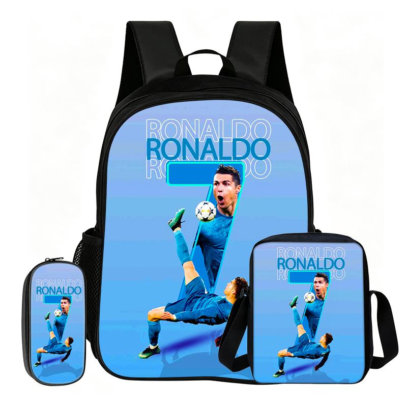 Ronaldo Student 3Pcs Set Backpack Kids School Shoulder Bag,Pencil Bags,Football Sport Bookbag Football Star Rucksack