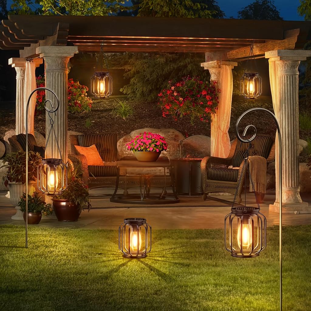 2 Pack Solar Powered Outdoor Pendant Lights, Hanging Metal Lanterns, Modern Metal Solar Pendant Lights with Hooks for Garden Use, Warm Light Lanterns