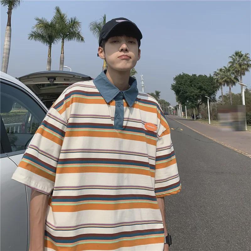 Męska koszulka polo w paski Harajuku - Modna, luźny krój, casualowy styl hip-hopowy