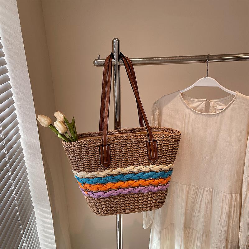 One Shoulder Straw Woven Bag New Rainbow Striped Straw Woven Bag Vacation Beach Bag Versatile Women's Bag