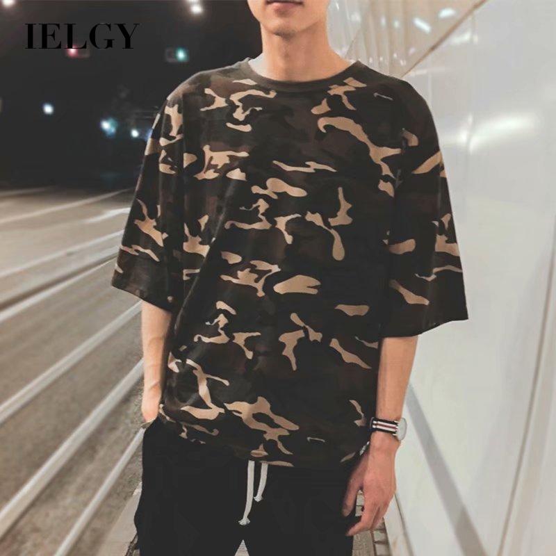 IELGY Ins Round Neck Loose Top Men's T-shirt Camouflage Trend Five-point Short-sleeved Large Size