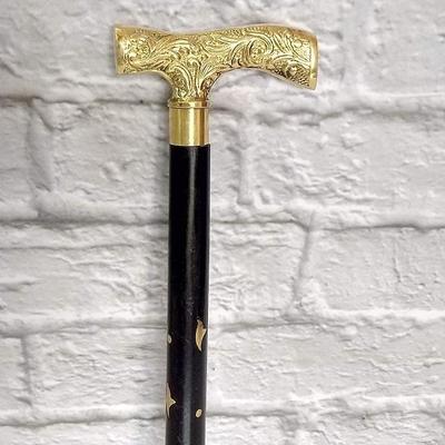 Viktorianskt handtag Svart Walking Stick Vikbar trä Mässing Inlagd Walking Cane.
