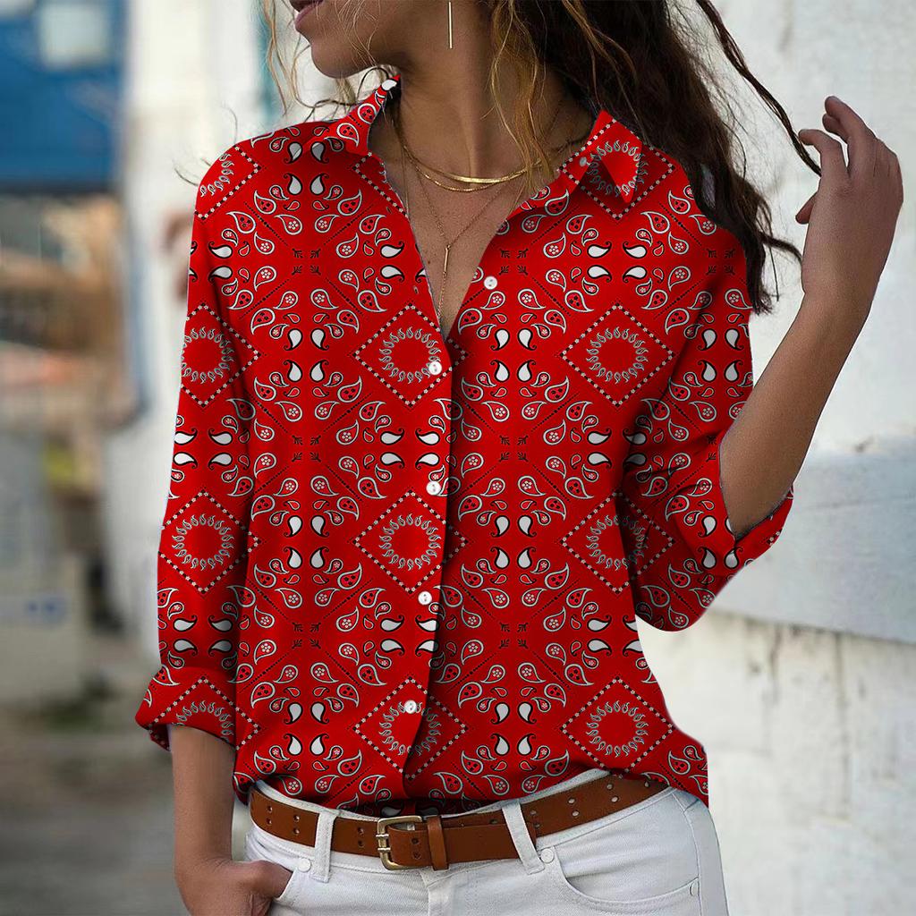 Cashew Print Frauen Bluse Frühling Herbst Femme Büro Dame Button Up Turn Down Kragen Shirts