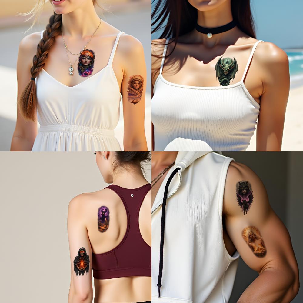 9pcs Temporary Tattoo Colorful Realism Fantasy Woman Hooded Character Flaming Skull For Adult Back Thighs