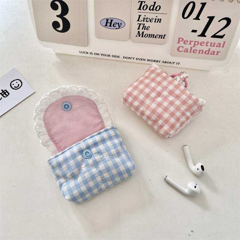 Mini Cute Sweet Lace Floral Coin Purse  Pink Blue Plaid Headphone Protective Case Girls Portable Small Storage Bag