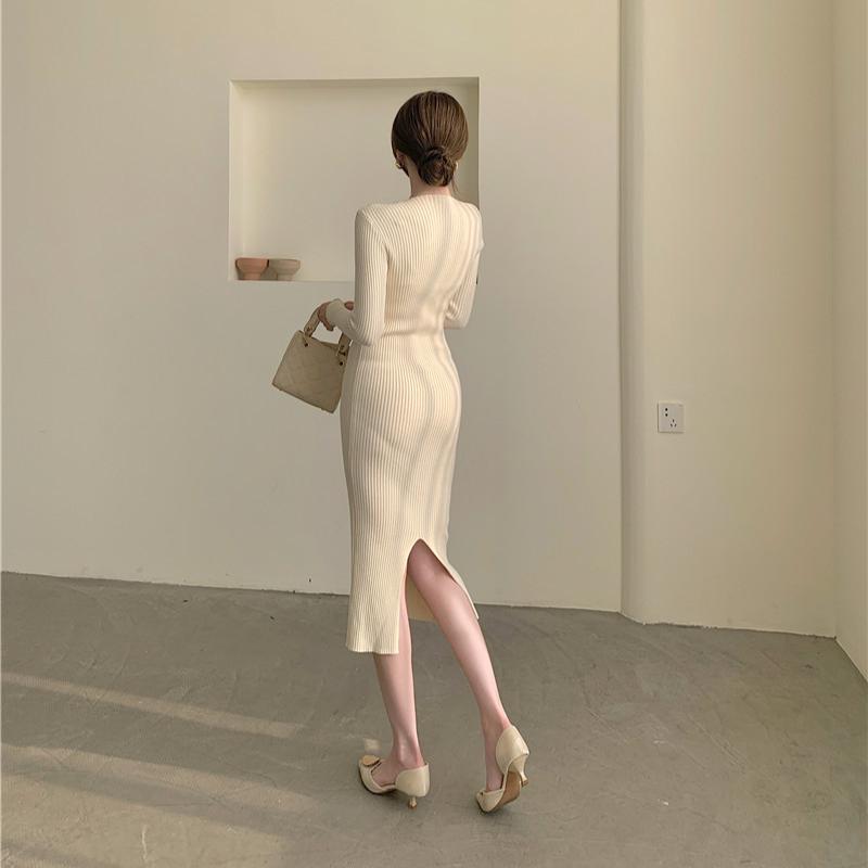 Fall Winter Cross Square Collar Sweater Dresses Women Long Sleeve Bodycon Slim Bottoming Office Party Knitted Dress