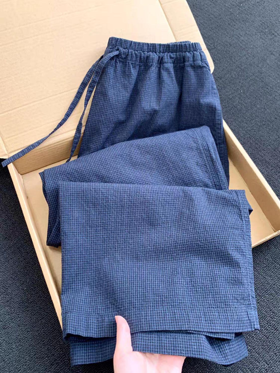 

Retro Blue Plaid Wide-Leg Drawstring Pants: Casual, Comfortable, and Stylish Small синий
