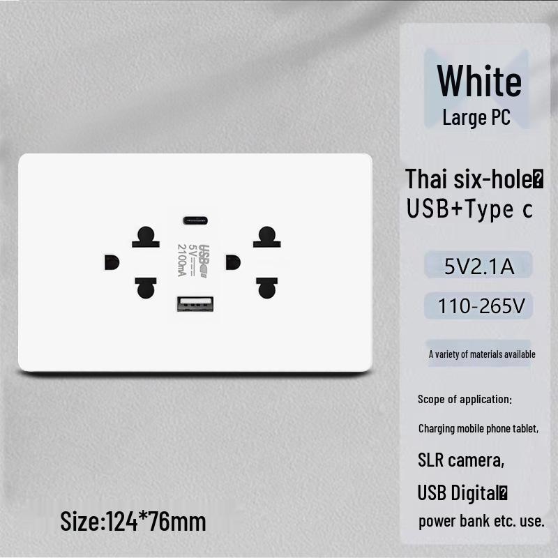 

Large Thai Panel Socket, Three-Hole with USB+C Port, Vietnamese Standard, Six-Hole, 15A Switch, Ideal for Export