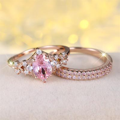 2 Pcs/set Rose Golden Color Oval Cut Pink Stone Ring Crown Ring Set Wedding Band Valentine's Day Jewelry