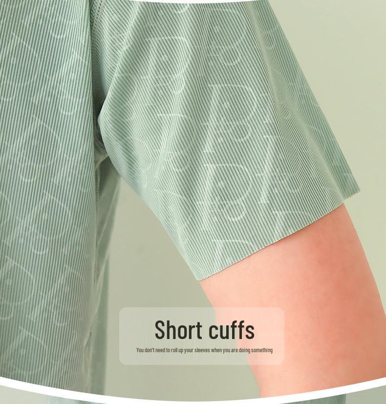 Men's Ice Silk Short Sleeve Pajama Set with Round Neck, Ribbed Shorts, and Versatile T-shirt for Indoors and Outdoors