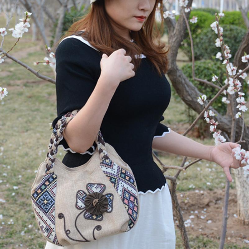 Vintage Linen Handbag for Women National Style Top -Handle Bag Middle-aged Womens' Shoulder Bag Art Tote Mother Purse