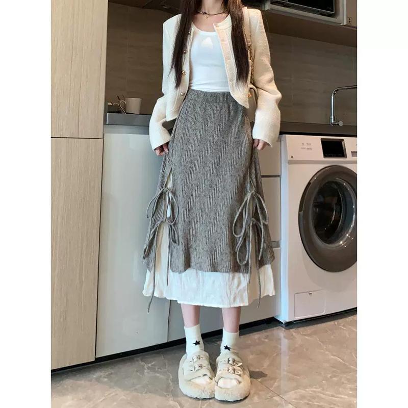 

WTEMPO Винтажные Лоскутные Нерегулярные Длинные Юбки Женские Весна Лето Осень Высокая Талия Свободные Юбки Средней Длины Женские Шнуровка Плиссированные Юбки S светло-коричневого