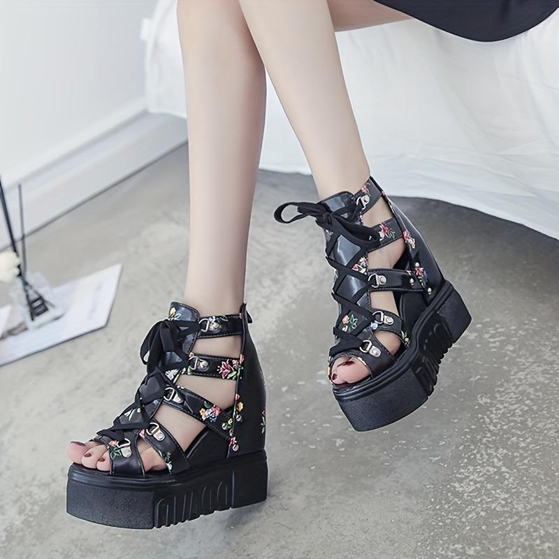 Fashion Women's High Heeled Sandals with Thick Sole, Fish Mouth Design, Lace-up Back Zipper, Flat Heel