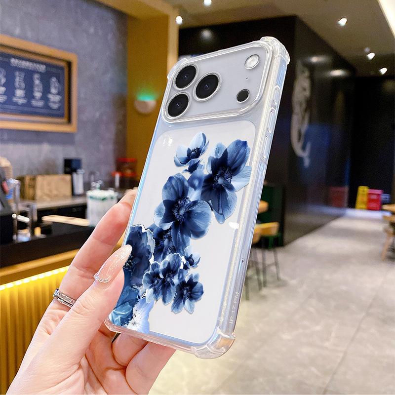 Ink Blue Flower Mobile Phone Case iPhone17/16Pro Four-corner Anti-drop Transparent Case Apple 15 Soft Case Is Hot-selling.