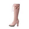 Fashion Girls Lolita Knee High Boots Female Chunky Heel Winter Shoes Lace Up Bow Japanese JK Uniform Cosplay Princess Party Shoe