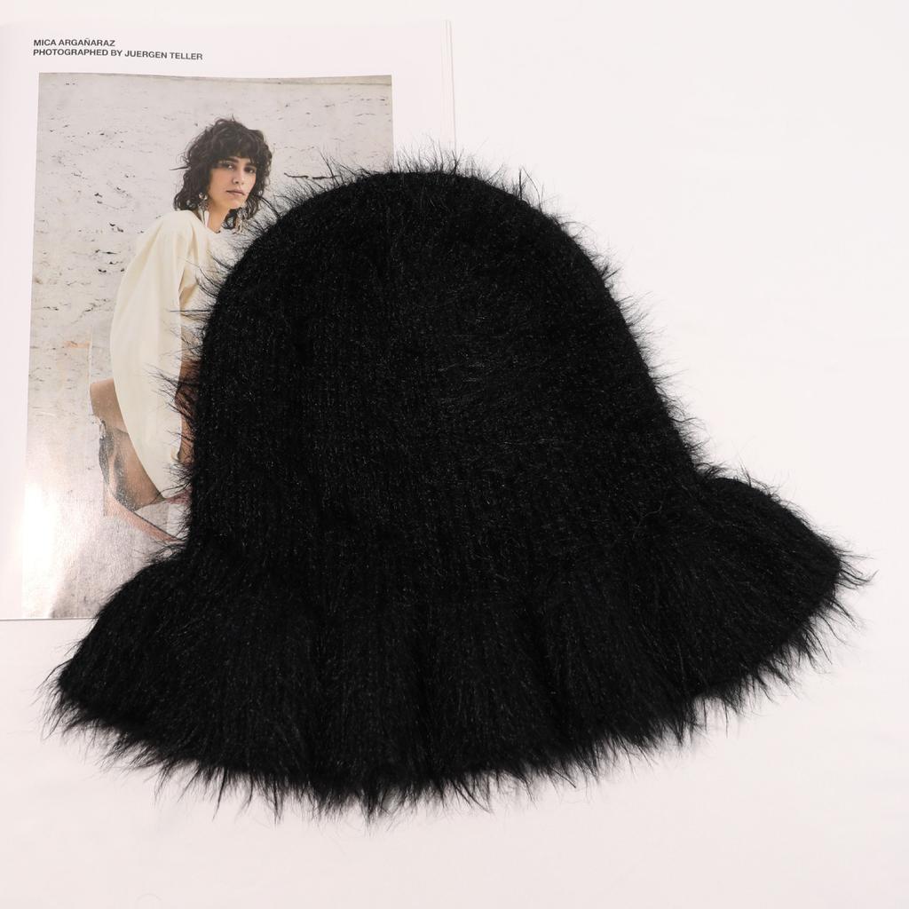 New autumn and winter pulling bucket hat, warm Korean version imitation mink plush hat, thick ear protector basin hat, knitted wool hat