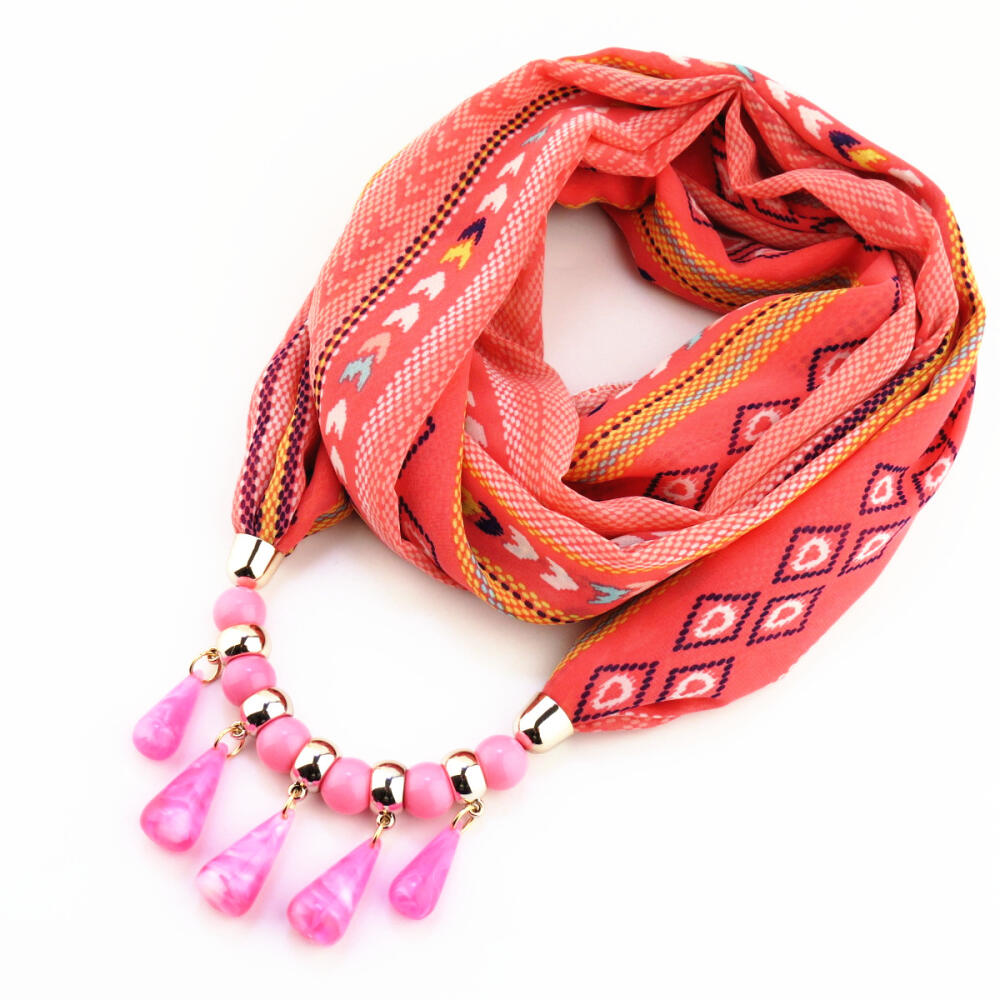 Vibrant Chiffon Infinity Scarf with Ethnic Print & Beaded Tassel Necklace – Women’s Boho Fashion Accessory