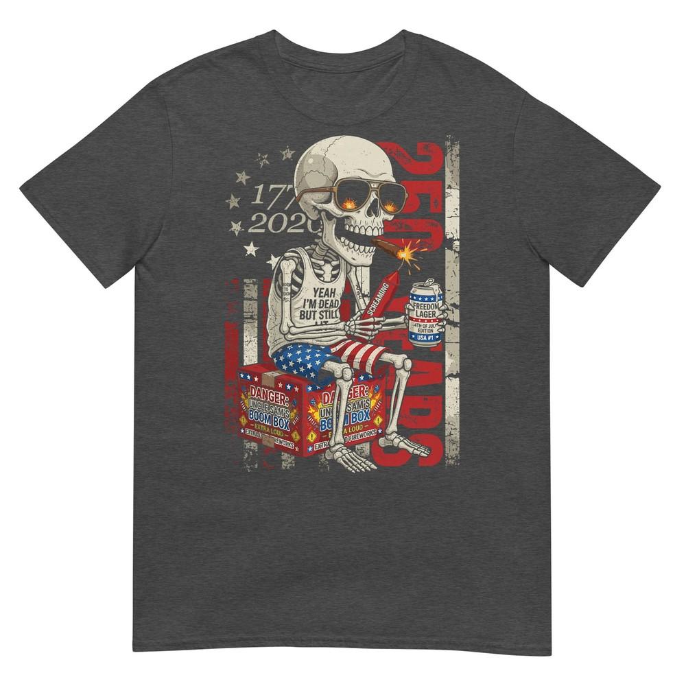 250 Years Funny Skeleton Fireworks American Flag 4th Of July Tshirt