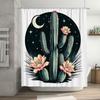 Retro Cactus Shower Curtain Bathroom Decor Night Sky Moon Flowers Print Waterproof Washable Home Decoration Pink Red Yellow 170x