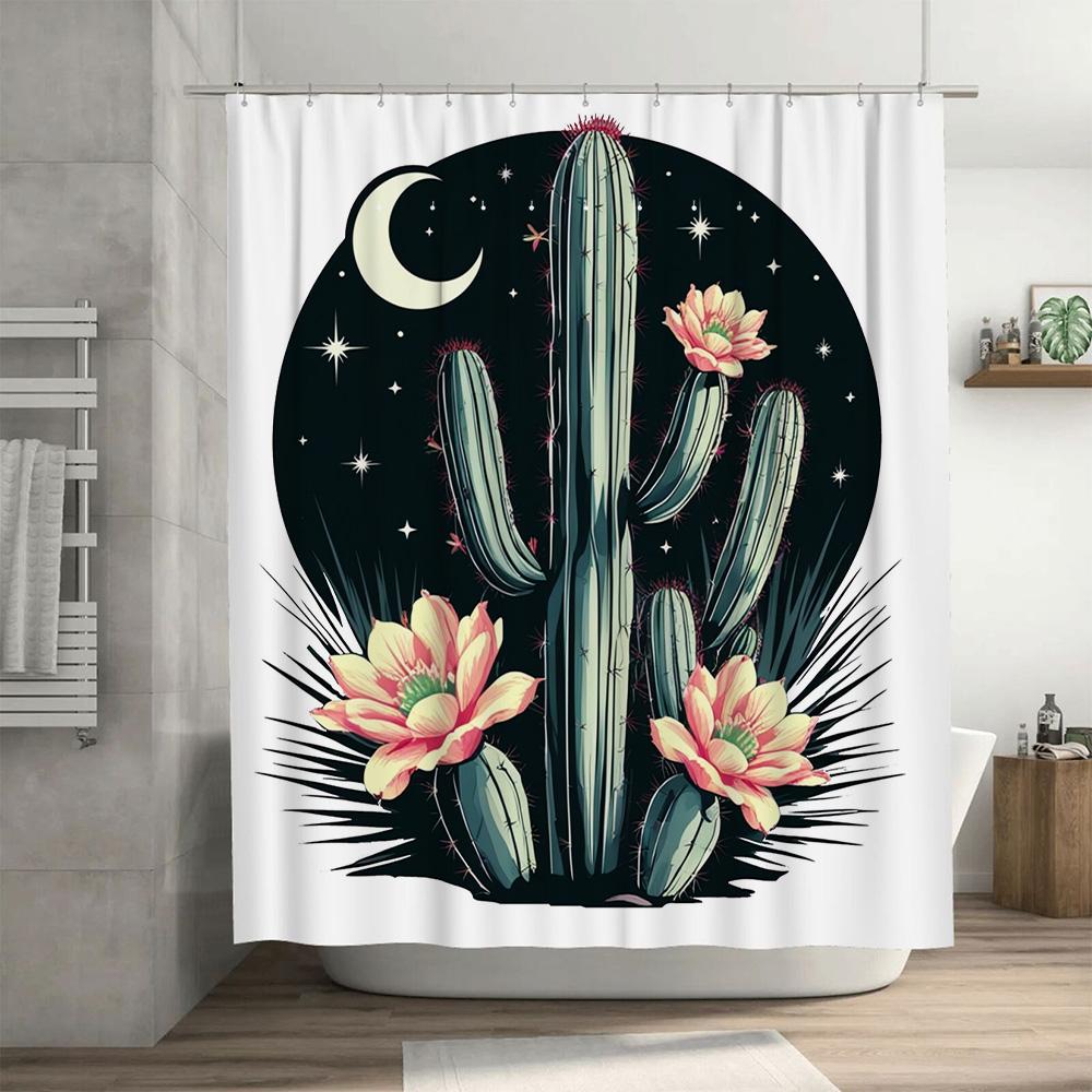 Retro Cactus Shower Curtain Bathroom Decor Night Sky Moon Flowers Print Waterproof Washable Home Decoration Pink Red Yellow 170x