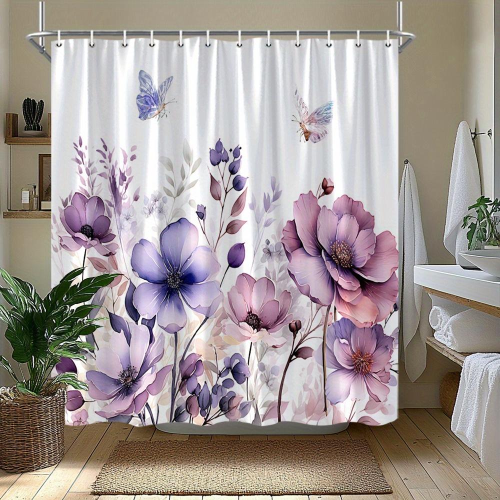 Purple Flower Shower Curtain Butterflies Floral Design 3D Printed Waterproof Bathroom Decor Elegant Nature Theme Home Textile