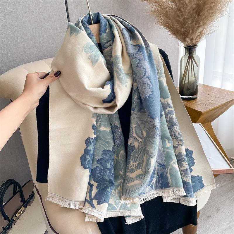 New winter cashmere scarf women's peony flower thickened warm scarf retro elegant high-end shawl