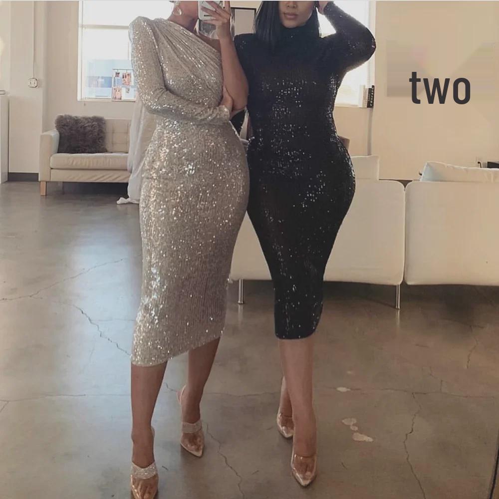 2025 European & American One-Shoulder Sequin Evening Dress with Oblique Collar