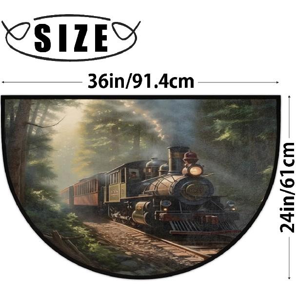 Half Round Door Mat, Steam Trains Non-Slip Half Circle Area Rug Railroad Forest Doormat Washable Durable Home Decor Half Moon Rug for Floor Indoor