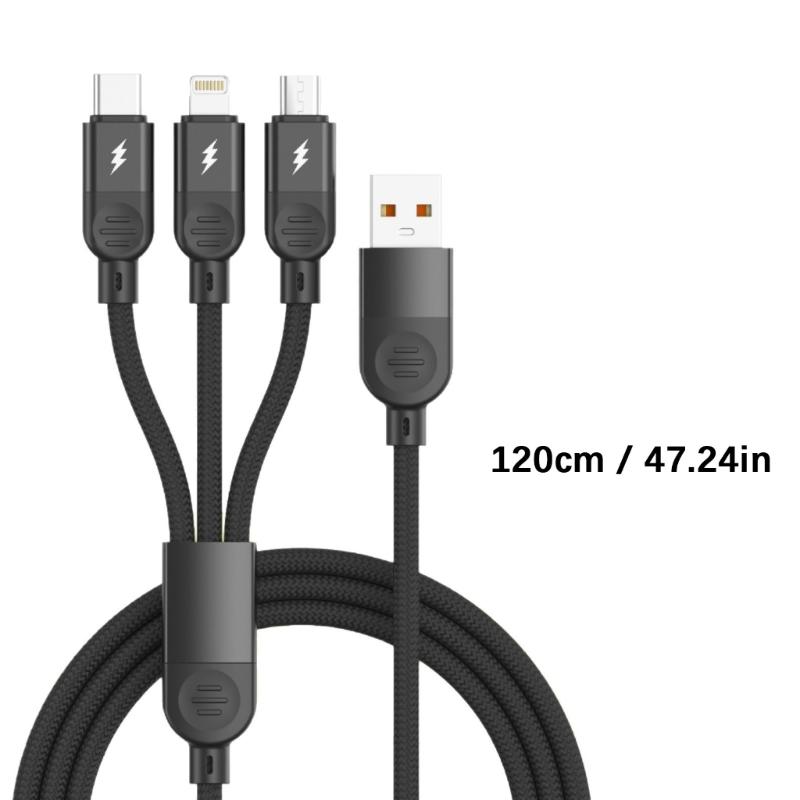 3 in 1 Fast Charging Cable 3 Interfaces Braided Cord Data Line for Phone Tablets Power Supply and Transfer