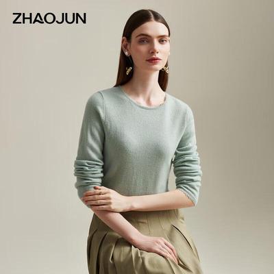 Damski sweter Zhaojun z czystego kaszmiru, z okrągłym dekoltem i długim rękawem