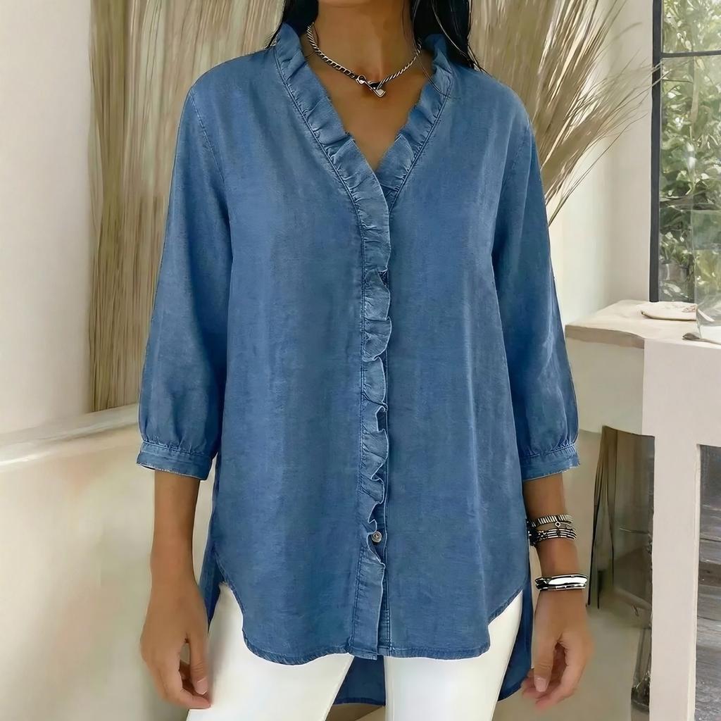 Dámská módní ležérní džínová košile s V-výstřihem a volánky