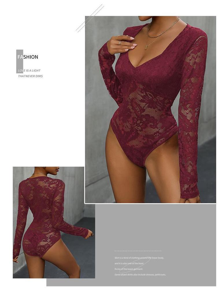 Body da Donna con Scollo Quadrato e Patchwork di Pizzo - Sexy Monopezzo a Manica Lunga