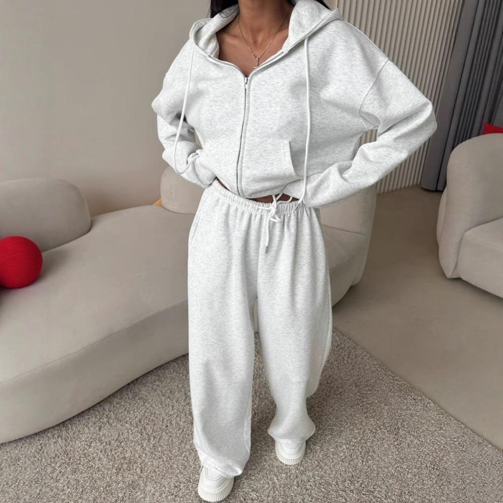 Women's 2-Piece Sportswear Set: Solid Color Long-Sleeve Zippered Hooded Cardigan  Lace-Up Sweatpants