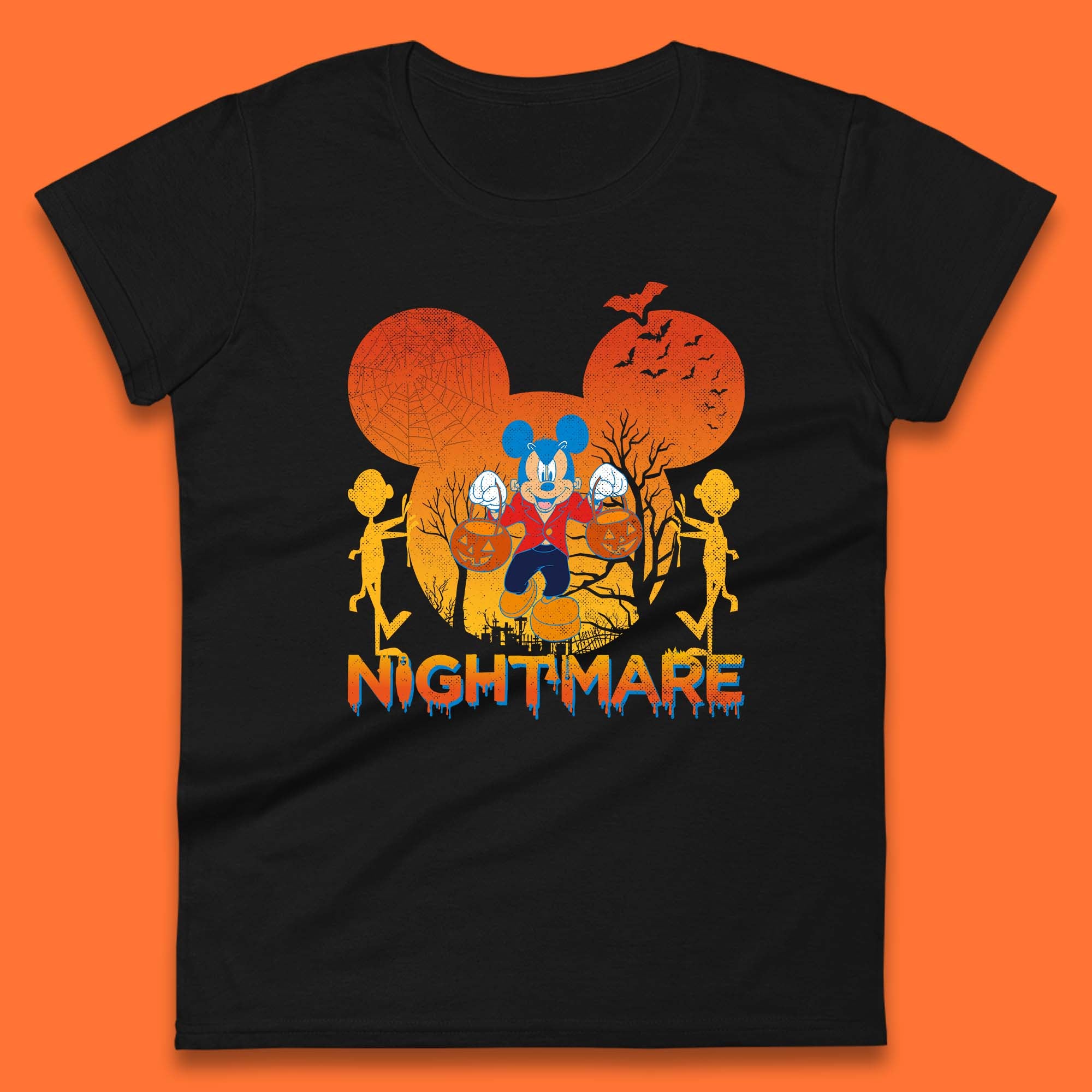 

Halloween Nightmare Disney Mickey Mouse Holding Pumpkin Bucket Horror Scary Disneyland Trip Womens Tee T Shirt Mens Tops Unisex Top 2XL