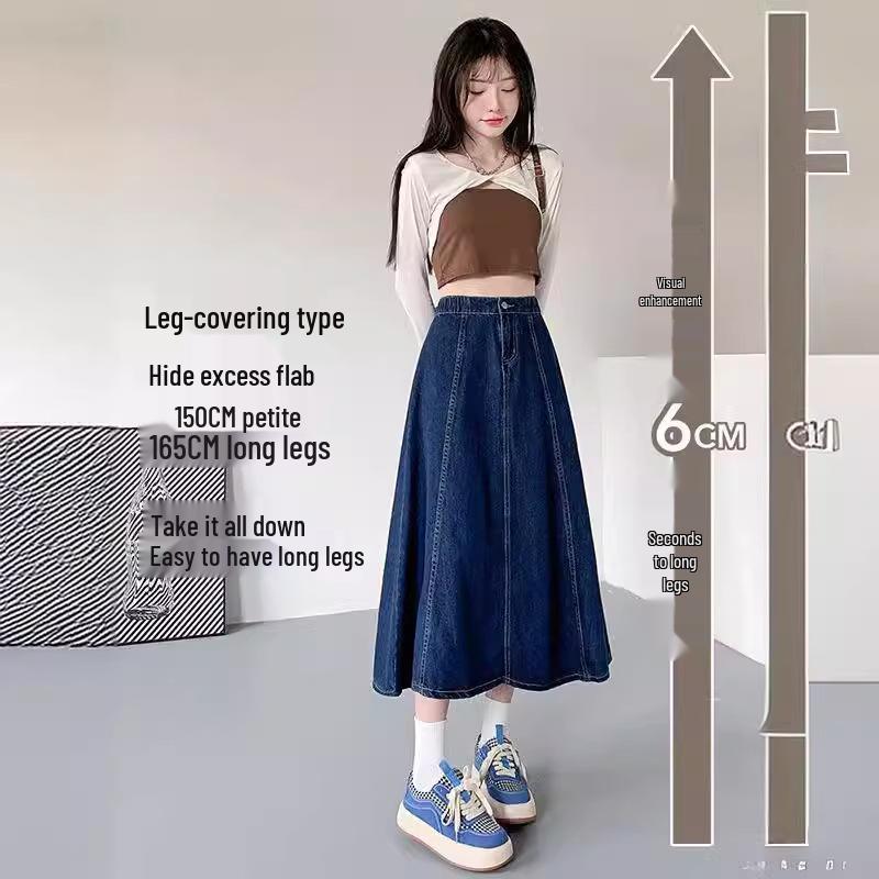 Women's High-Waisted Denim A-Line Midi Skirt, Slimming Fit, Petite to Plus-Size, Perfect for Spring and Summer.
