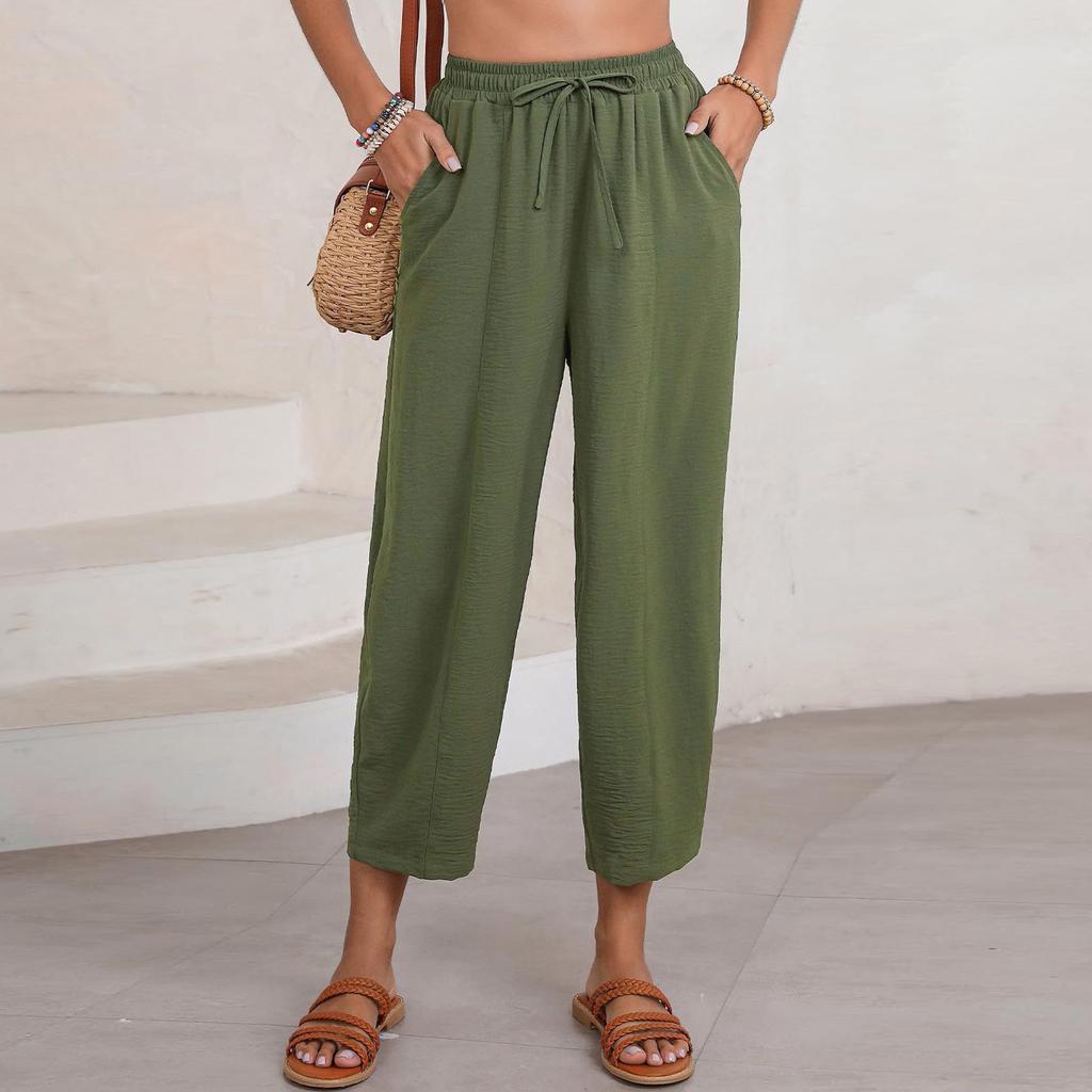 Pants For Women Casual Solid Summer Elastic Waist Loose Lightweight Drawstring  Trousers With Pockets