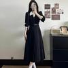 French Retro Temperament Waist Black Fake Two-piece Long-sleeved Dress College Style Thin Medium and Long Hepburn Style Skirt