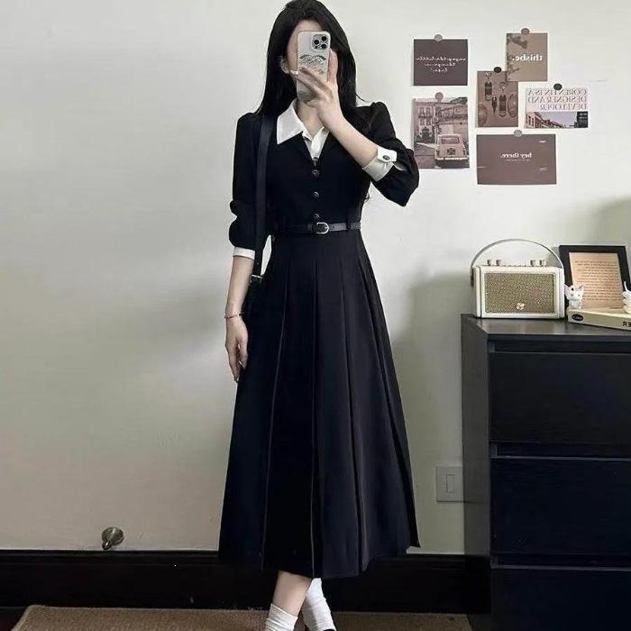 French Retro Temperament Waist Black Fake Two-piece Long-sleeved Dress College Style Thin Medium and Long Hepburn Style Skirt