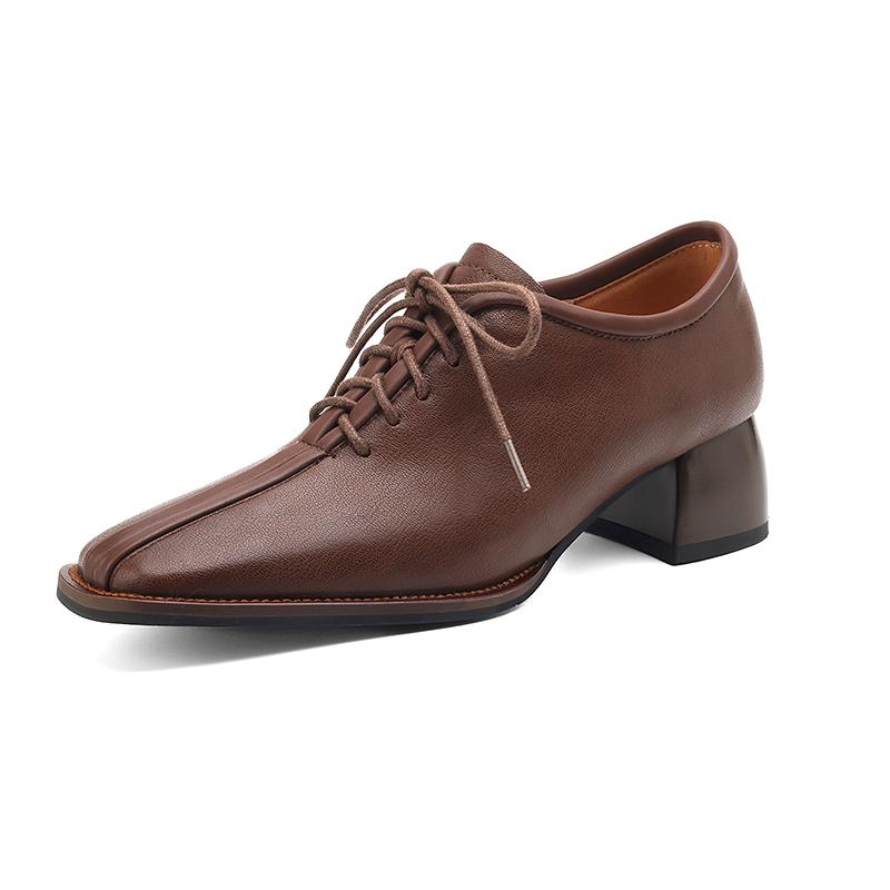 Mode High Heel Karree Frauen Pumpt Echtes Leder Prägnante Büro Damen Casual Lace-Up Schuhe Frau 2024 Frühling Sommer 37 braun