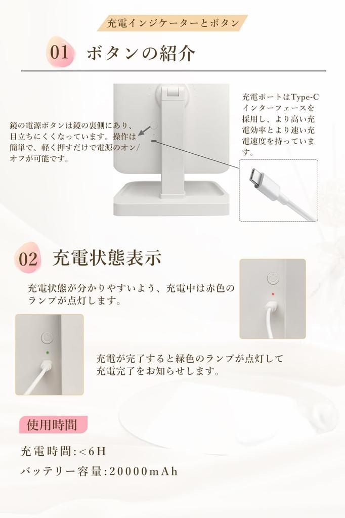 Fiorifiore Actress Tabletop Mirror with LED Makeup 3 Color 2000mAh Adjustable Charging Mirror, Mirror, Three-Sided Light, Mirror, Switching, 2/3x