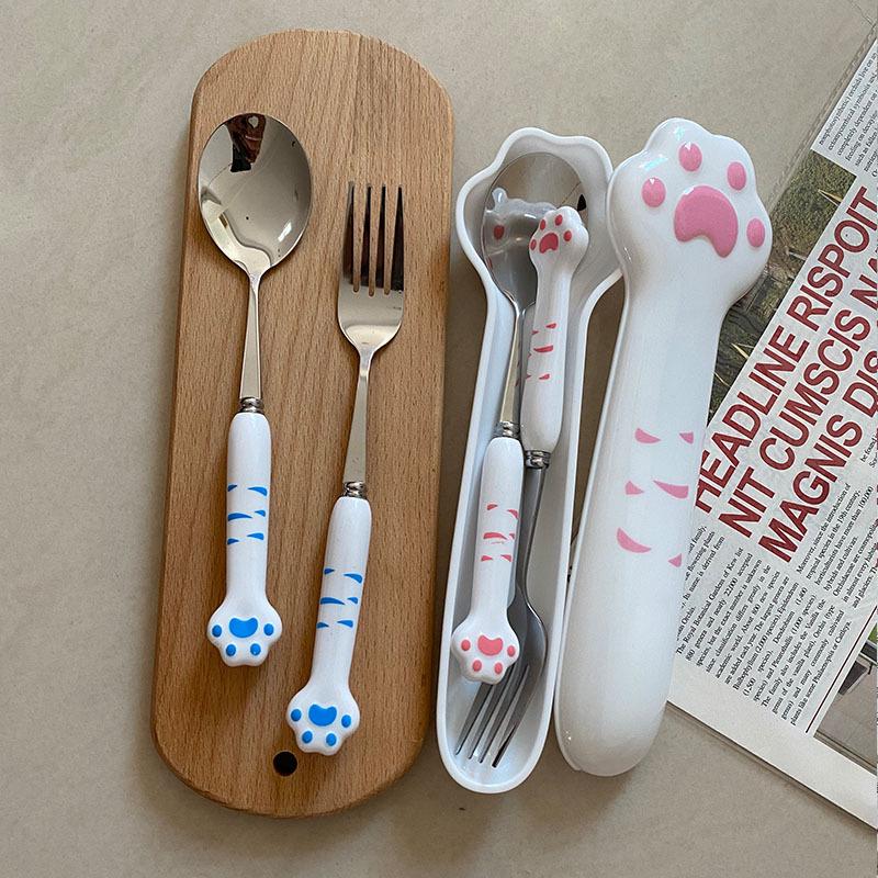 Cat Paw Cute Portable Cutlery: Stainless Steel Dessert Spoon, Fork & Chopsticks Set