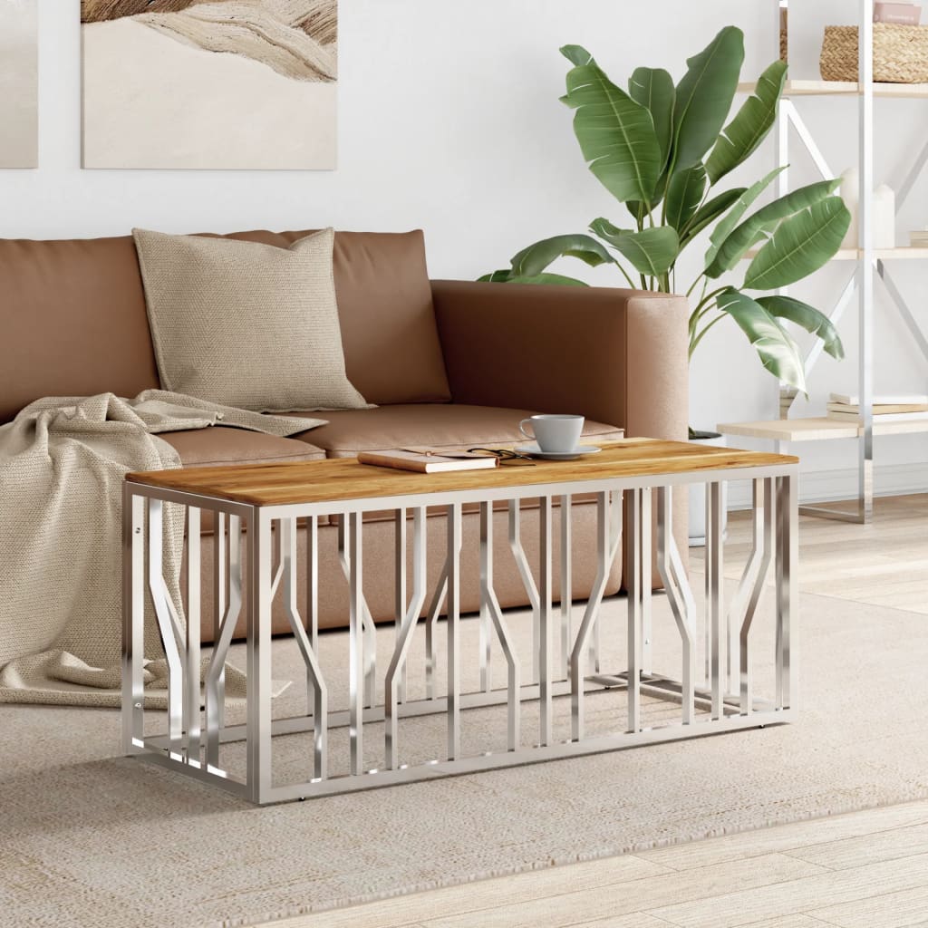 Coffee Table In Silver Stainless Steel and Solid Acacia Wood
