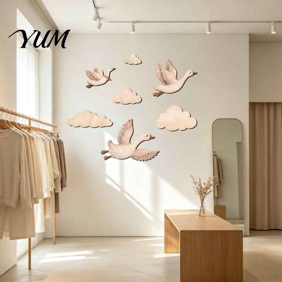 DIY Wall Stickers for Baby Room 7Pcs/Set Wooden Flying Goose and Cloud Art Decor Nursery, Self-Adhesive Bohemian Rustic Wood Bedroom Decoration