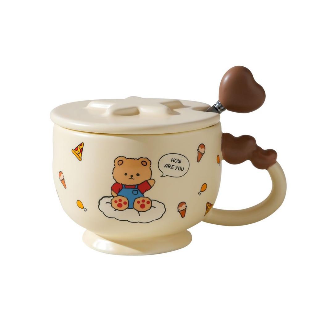 Cartoon Bear Ceramic Cup High Looking Oatmeal Breakfast Cup Couple Cup Small High Legged Mug with Cover Spoon